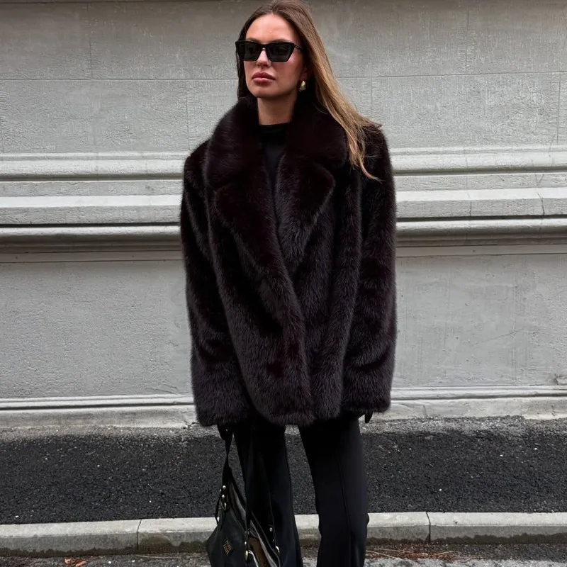 معطف فرو بني من Tuularose للنساء موضة شتاء دافئة كبيرة الحجم بياقة معطف فرو فاخر منفوش قطيفة مرقع ملابس خارجية نسائية #3