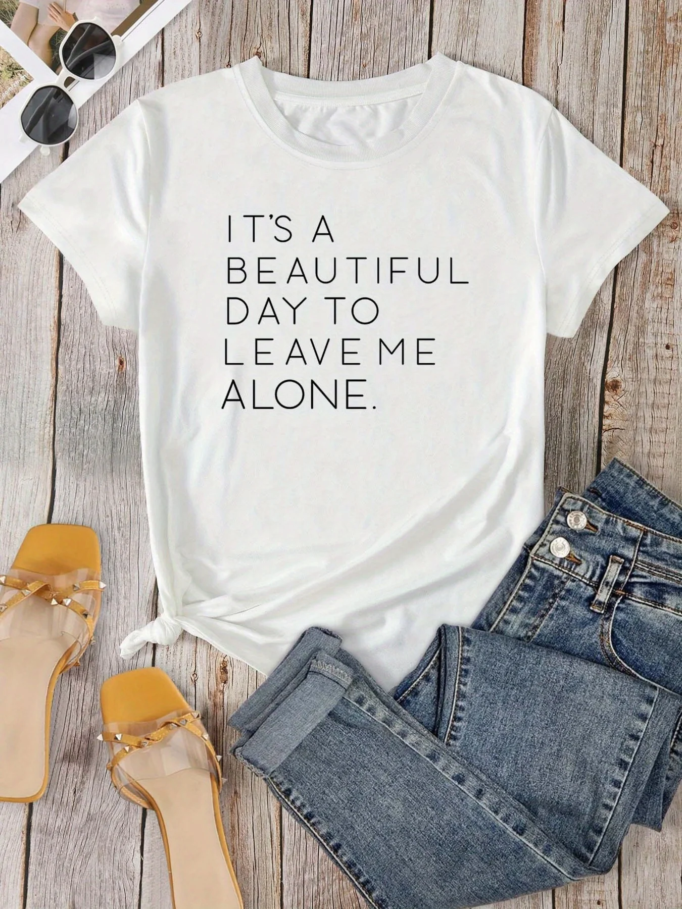 Casual Leave Me Alone Print Crew Neck T-shirt, Loose Short Sleeve Fashion Summer T-Shirts Tops, Women's Clothing