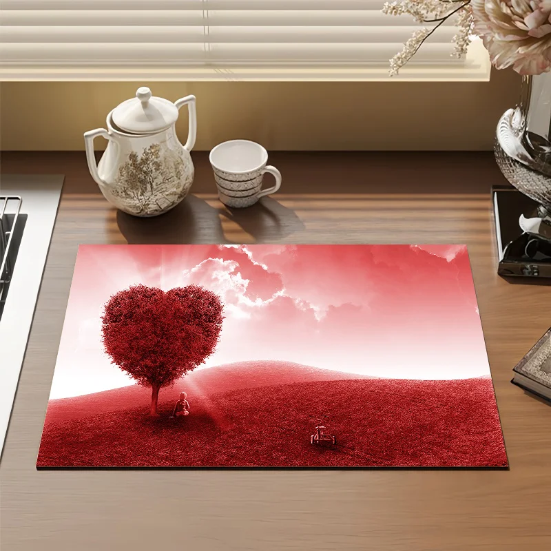 Beautiful Heart Tree Art Placemat Romantic Red Hill Print Washable Table Mat For Dining Room