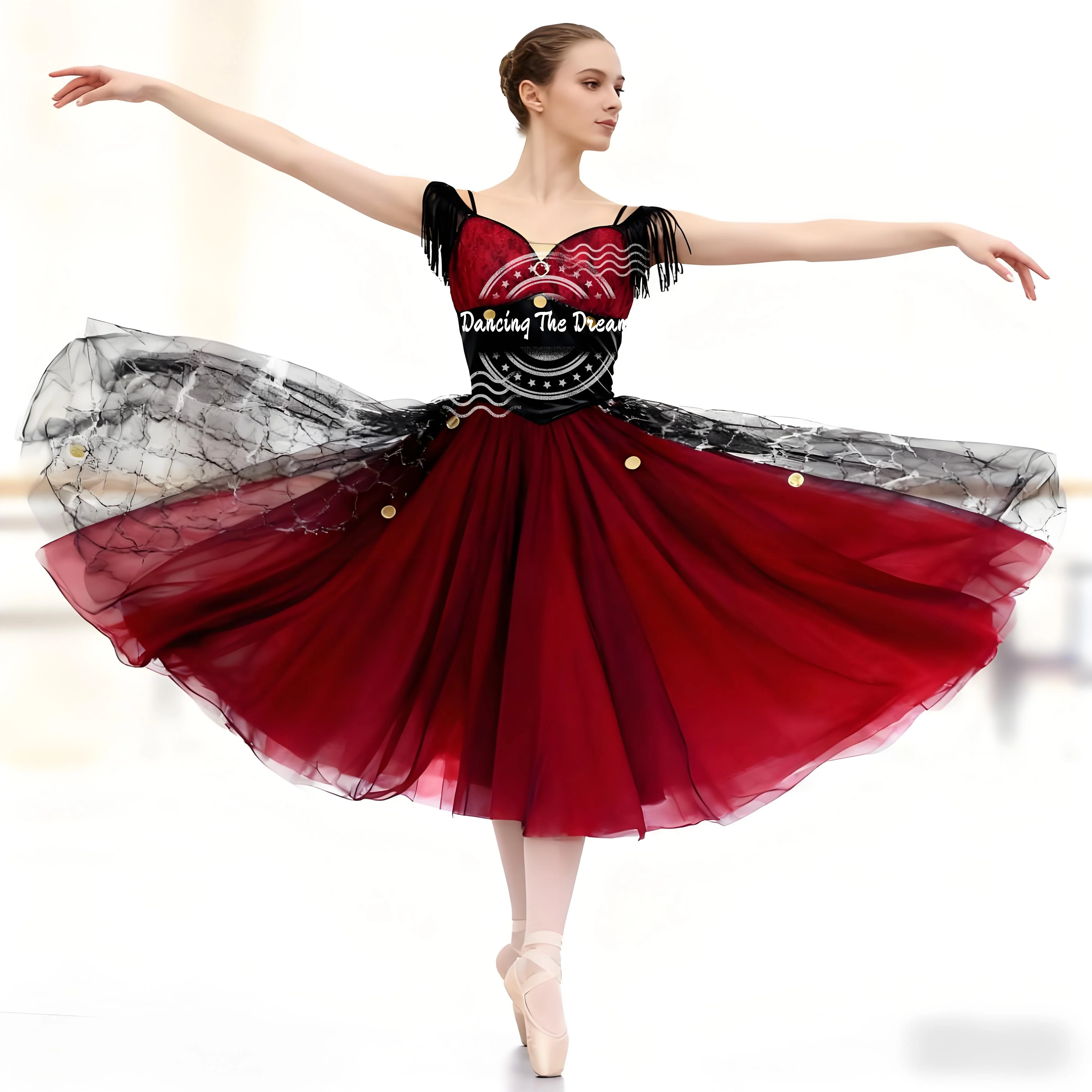 

Exquisite Red Ballet Dress with Black Mesh Overlay