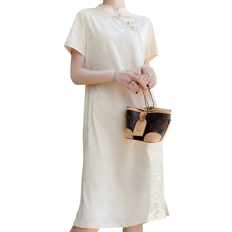 Damska satyna octanowa lub długa, luźna, wyszczuplająca sukienka w stylu koreańskim, z nadrukiem, idealna do pracy, letnia, modna, o kroju A-line.