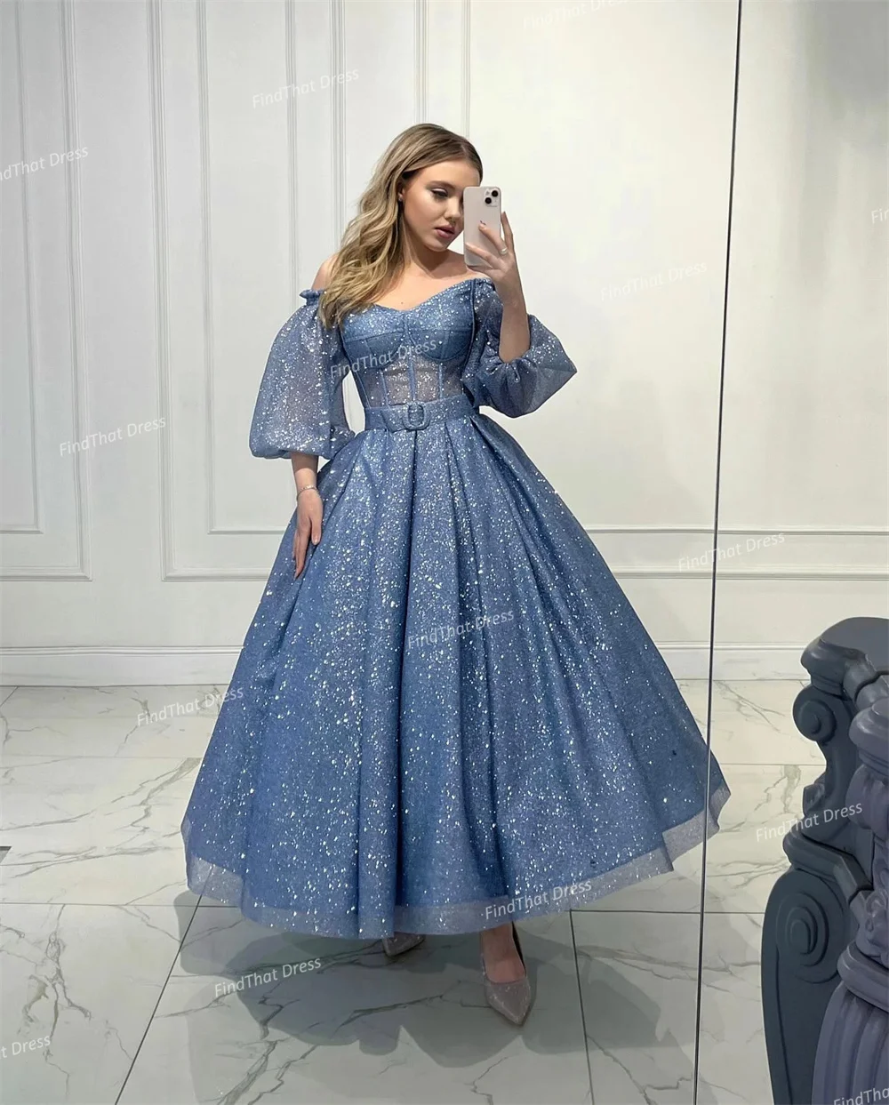 

Custom Shiny Off Shoulder Sequins Ball Gown Puffy Prom Dress Long Puff Sleeve Ankle Length Party Dress فساتين سهره