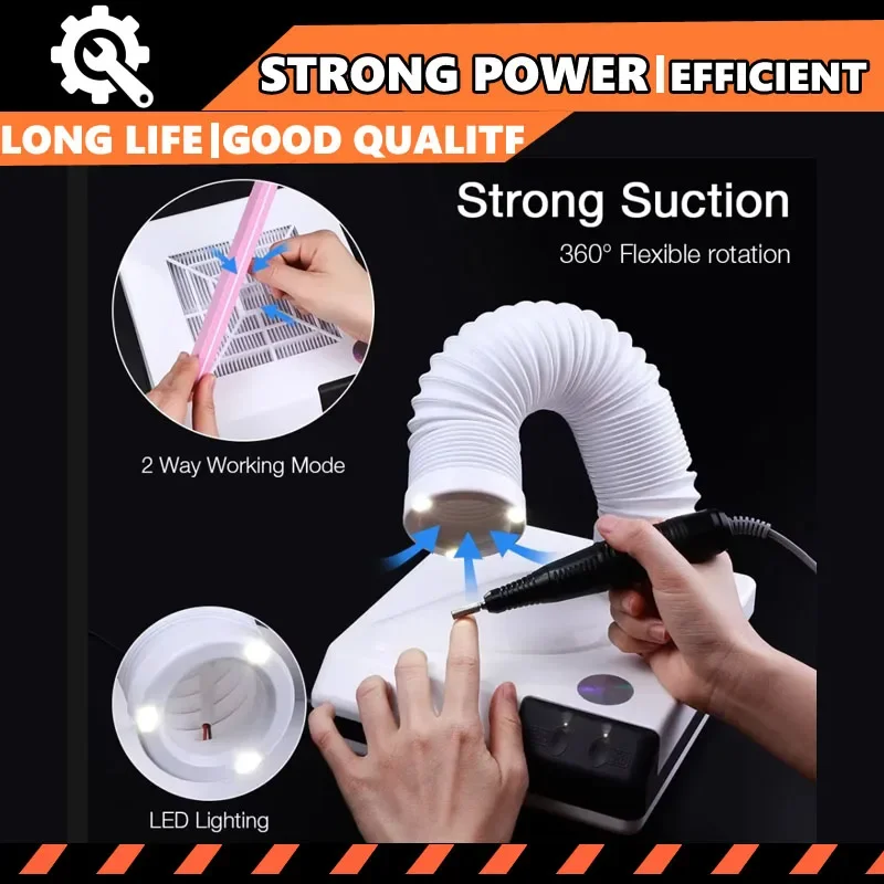 

New 60W Double Use Nail Dust Collector Retractable Elbow Design Nail Dust Extractor Fan Nail Vacuum Cleaner With Tube Tool