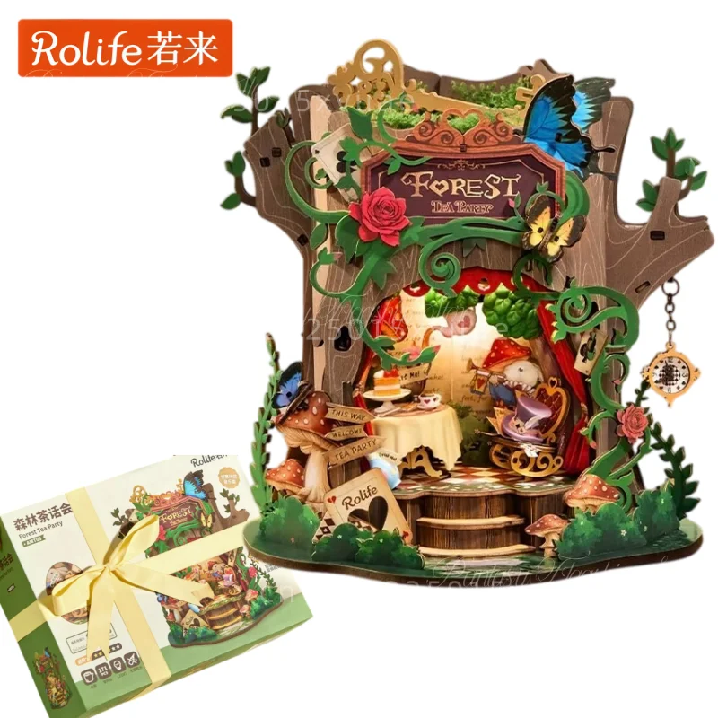 Rolife DIY Movable Music Box Forest Tea Party Miniature Tree House Wooden Assembling Scene Model Toys Decoration Holiday Gifts