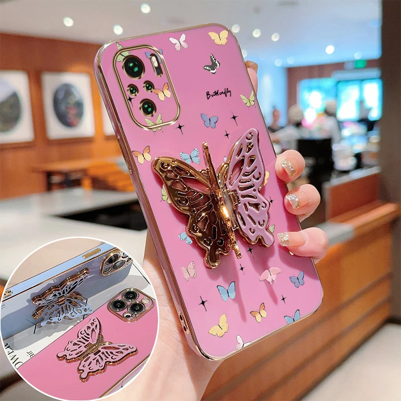 N ote 10 Little Butterfly Plating Holder Phone Case For Xiaomi Redmi Note 10Pro 10 12 12S 10T 11S 11Pro 11EPro 12Pro 9 10S Cover