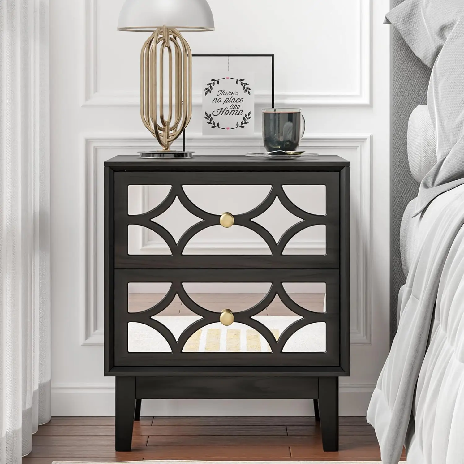 

2 Drawer Nightstand with Mirrored Fronts Geometric Pattern Bedroom Bedside Table Black, Customized