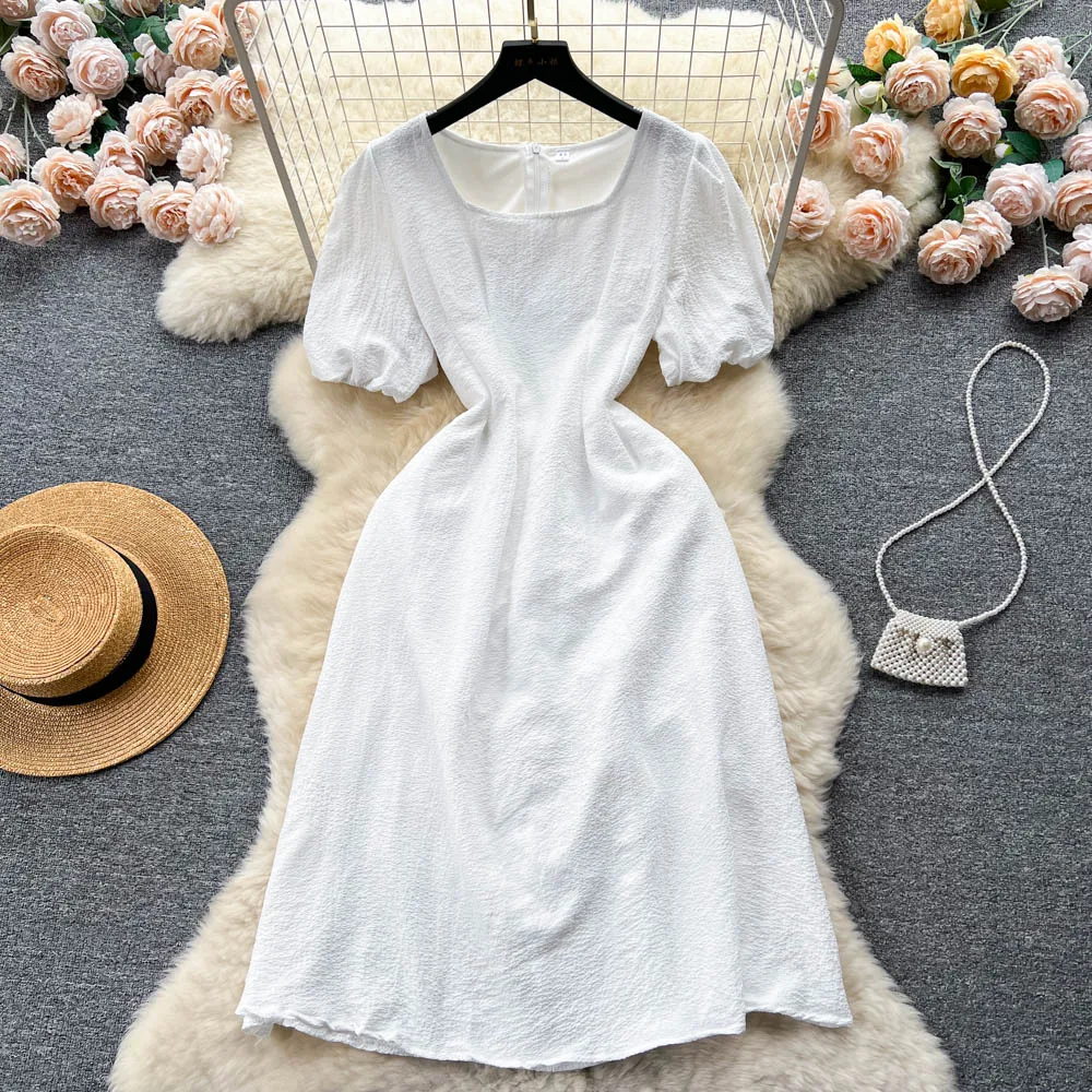 

Korean Sweetness Bubble Sleeves White Dress Women' Fashion Square Neck Waistband Short Sleeve Temperament Summer dress for women