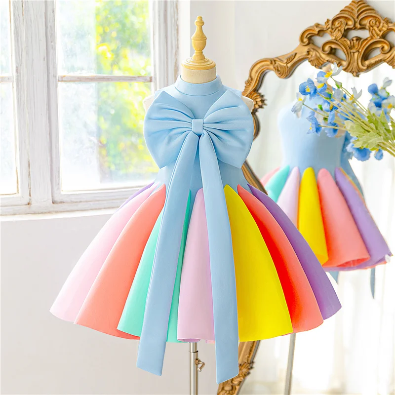 Girls Colorful Princess Dress Kids Bridesmaid Party Gown Ball Bow Wedding Birthday Prom Dress Children Gala Graduation Evening