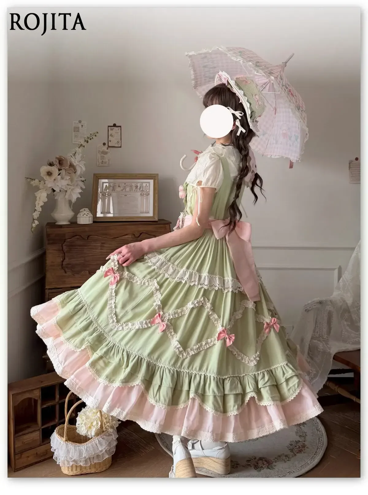 4XL Lolita Dress Female Sweet Wind Cute JSK Suspender Dress Tender Green Sleeveless Dress with Belt