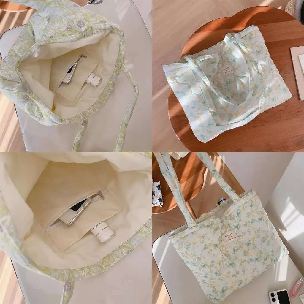 

X90D Trendy Cotton Shoulder Bag With Puffer Top Handle And Floral Pattern Large Handbag Shopper Bags For Daily Use