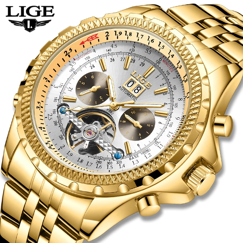 LIGE Brand Men\'s Watches Automatic Tourbillon Mechanical Watch for Men Week Date Luminous Waterproof Gold Watch Man Reloj Hombre