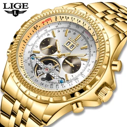 LIGE Brand Men's Watches Automatic Tourbillon Mechanical Watch for Men Week Date Luminous Waterproof Gold Watch Man Reloj Hombre