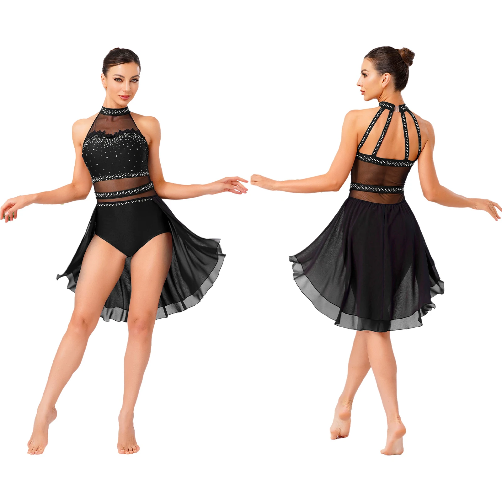 

Womens Tango Latin Dance Dress Rhinestones Mesh Salsa Dress Lyrical Latin Dancewear Prom Ballroom Dance Performance Costume