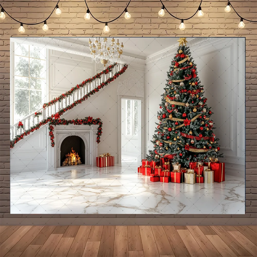 

Elegant Christmas Fireplace Background Room Xmas Tree Gifts Socks Candles Photography Backdrop Kids Portrait Photo Studio Props