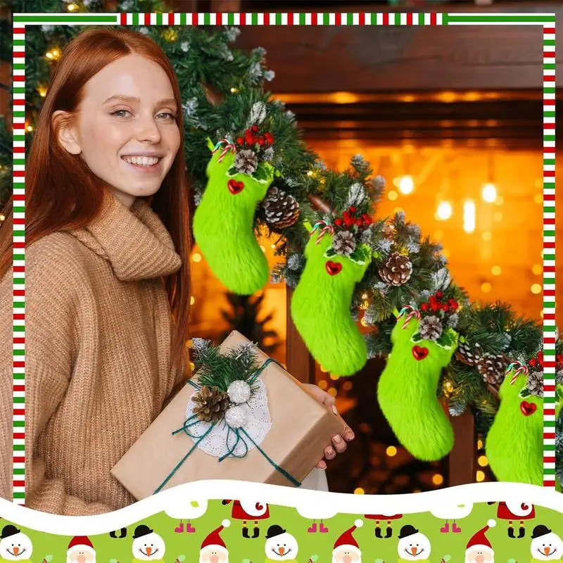 Holiday Stockings For Fireplace Treat Bags 6Pieces Green Christmas Stockings Faux Flush Candy Pouch Fireplace Christmas Decor image 2