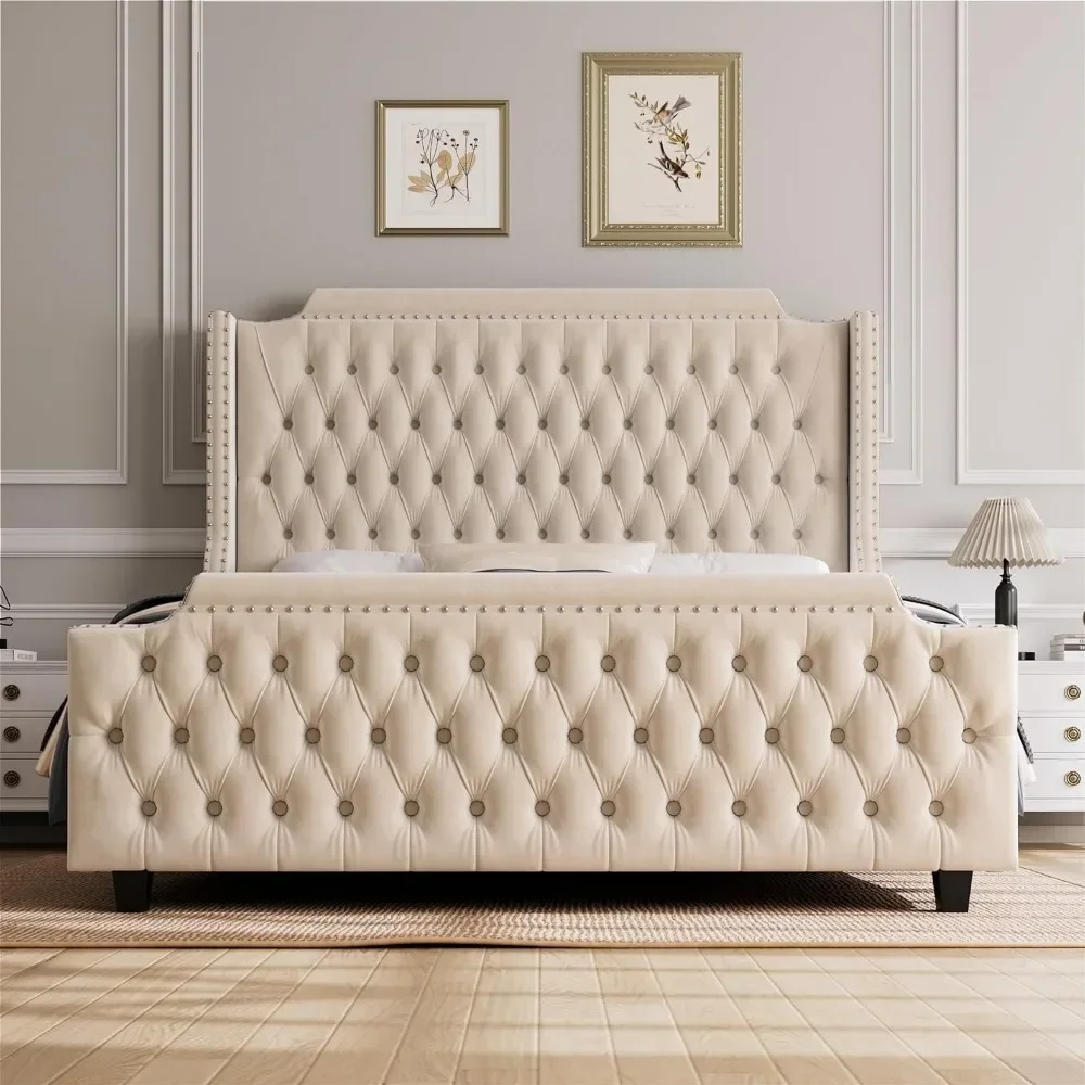 

A Large Platform Bed Frame with 54" High Wing Back Headboard and Deep Button Tufted Footboards, Cream Color
