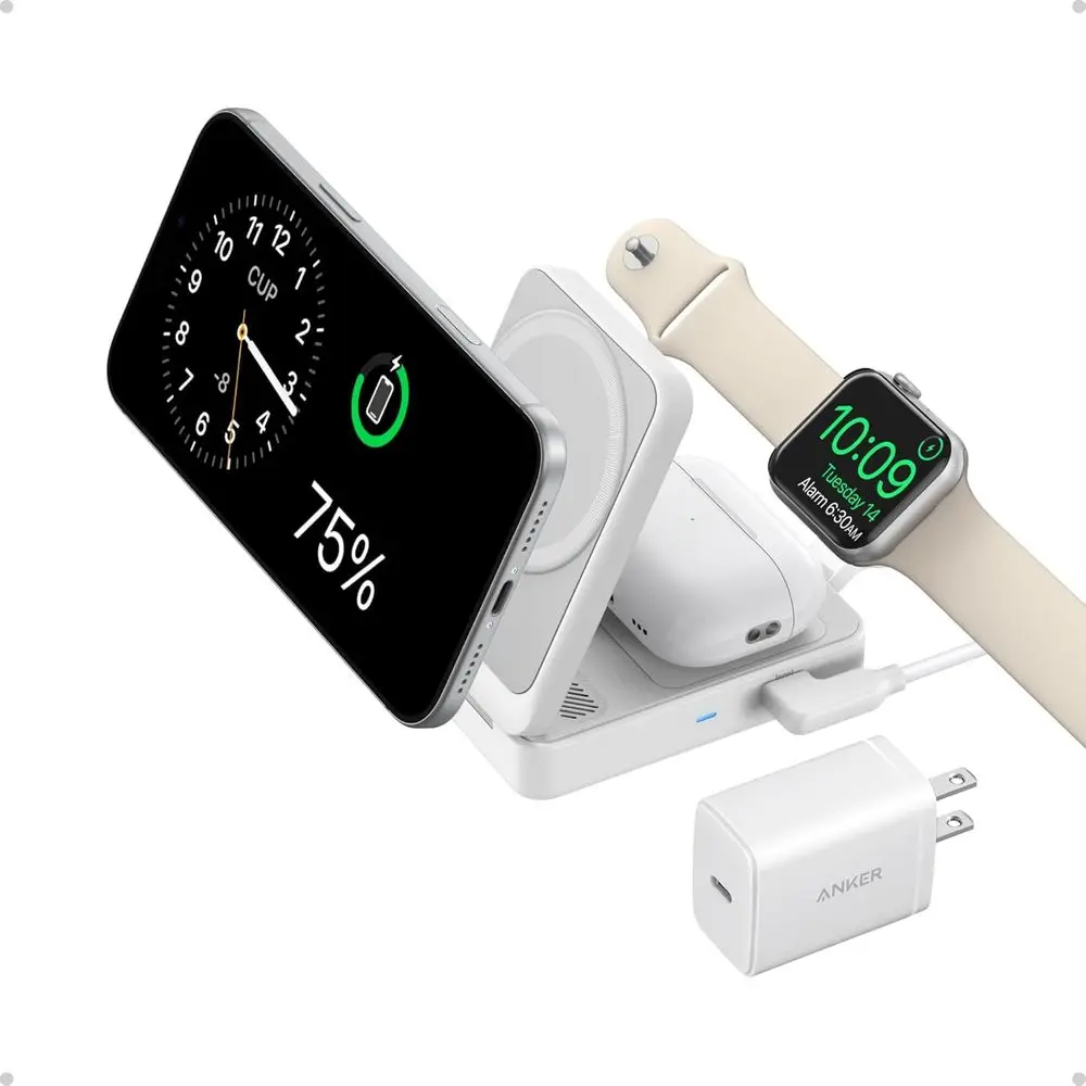 

Зарядная станция 3-в-1 для iPhone 17/16/15/14/13/12, AirPods и Watch Ultra с беспроводной зарядкой Qi2 15 Вт и адаптером