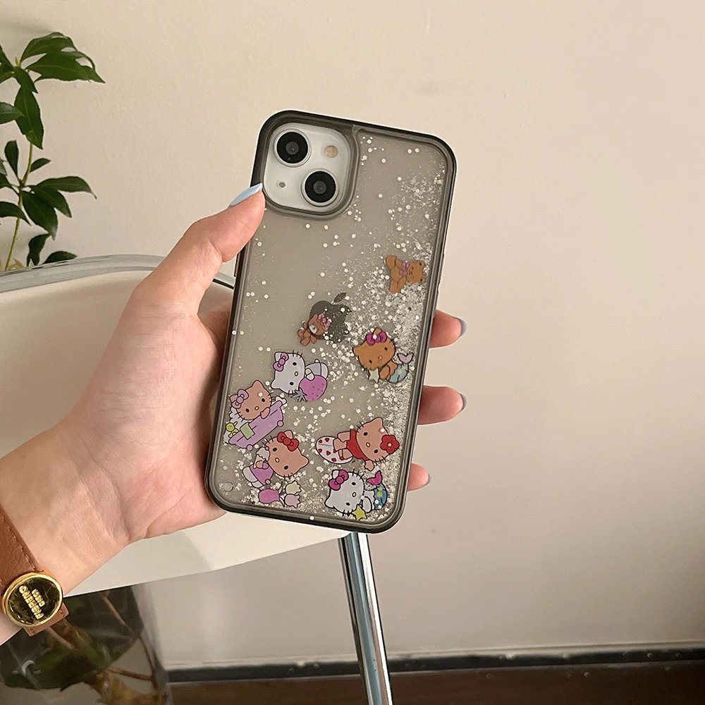 Cute Cartoon Fashion Black Hello Kitty Quicksand Glitter Etui na telefon do iPhone 15 14 13 12 11 Pro Max Przezroczysta tylna obudowa Prezent dla