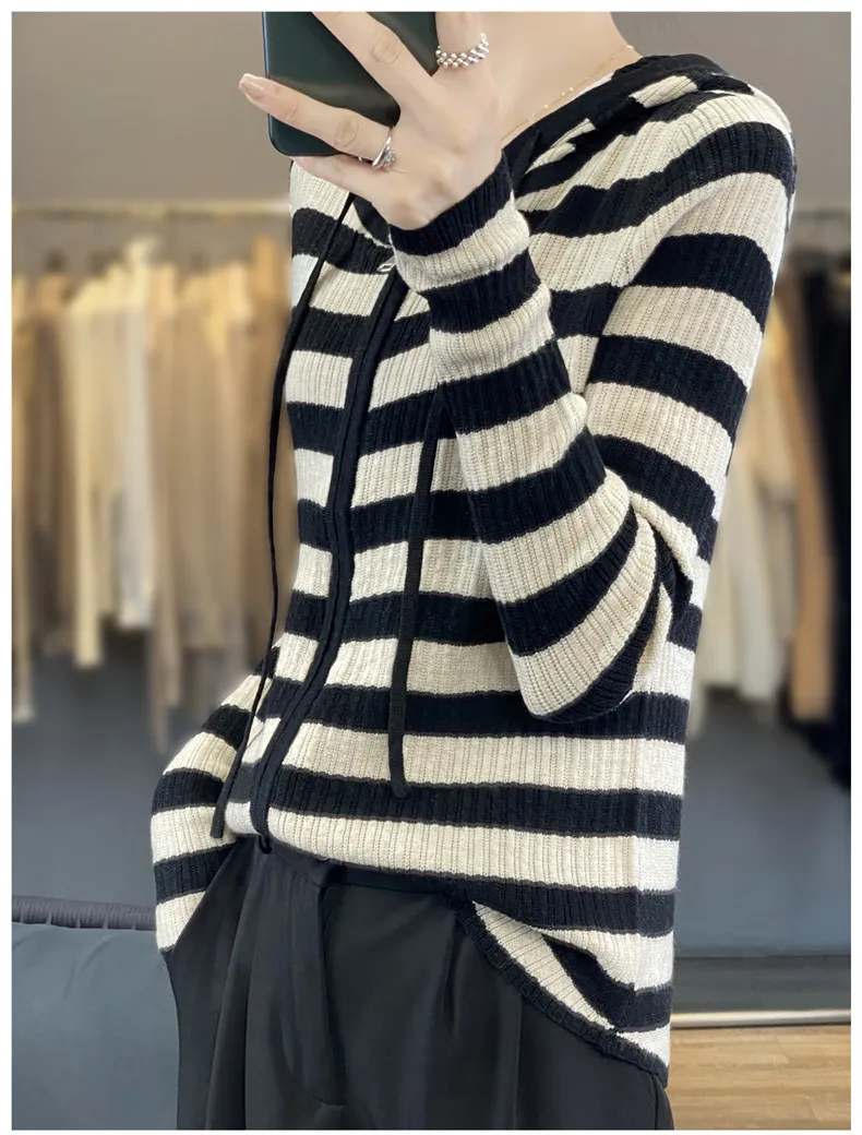 Stripe Color Matching Hooded Knitted Cardigan For Women\'s 2023 New Slimming Paper Sheet Thin Zippered Sweater Outerwear Hoodie