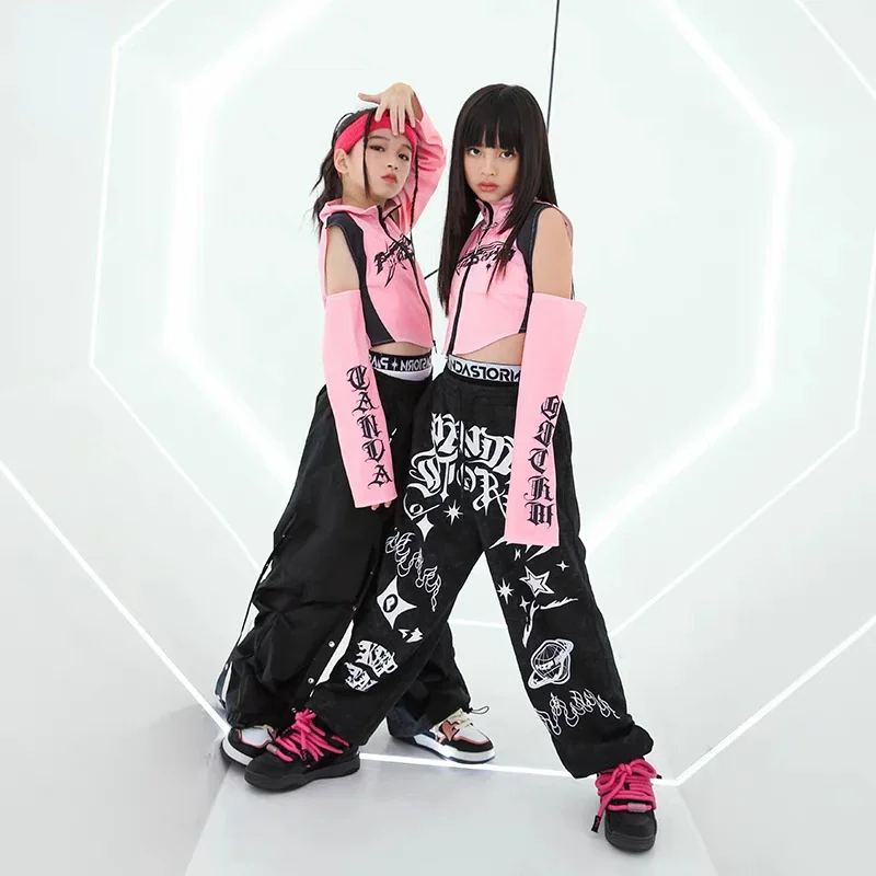 Costume de danse Hip Hop pour filles, hauts roses, pantalons noirs, vêtements de spectacle de danse Jazz pour adolescents et garçons, tenues Kpop, vêtements de scène pour enfants
