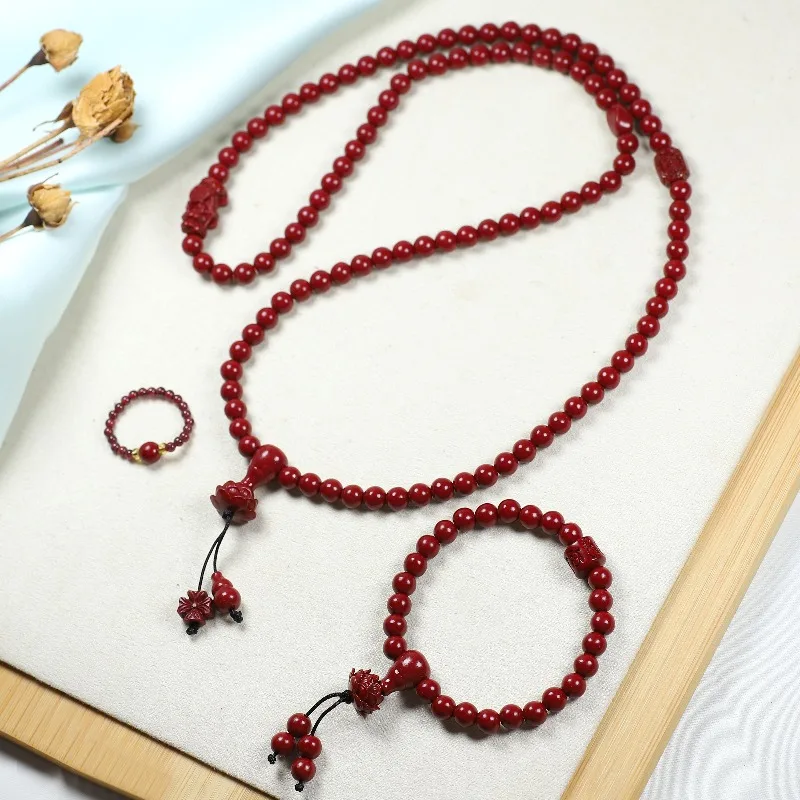 

Natural Raw Cinnabar 3-piece Lotus Set, Classic Fashion Ethnic Style Jewelry