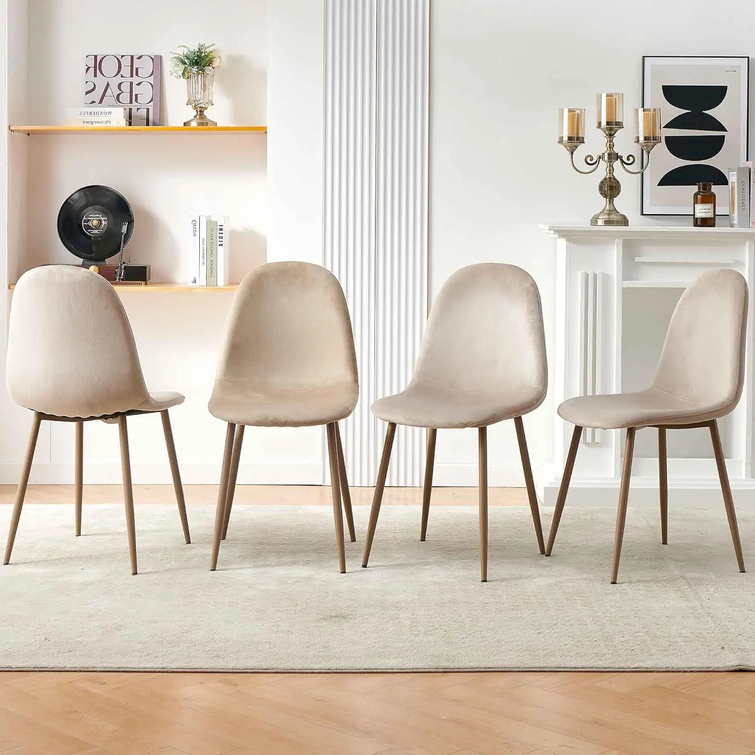 Modern Dining Chairs Set of 4, Khaki Velvet Kitchen Chairs, Upholstered Side Chairs with Khaki Metal Legs