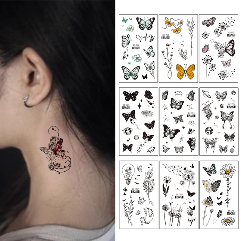 30 Sheets Temporary Tattoo Sticker Waterproof Body Art Line Rose Star Small Fake Tatto Butterfly Flower Hand Tatoo for Women Men