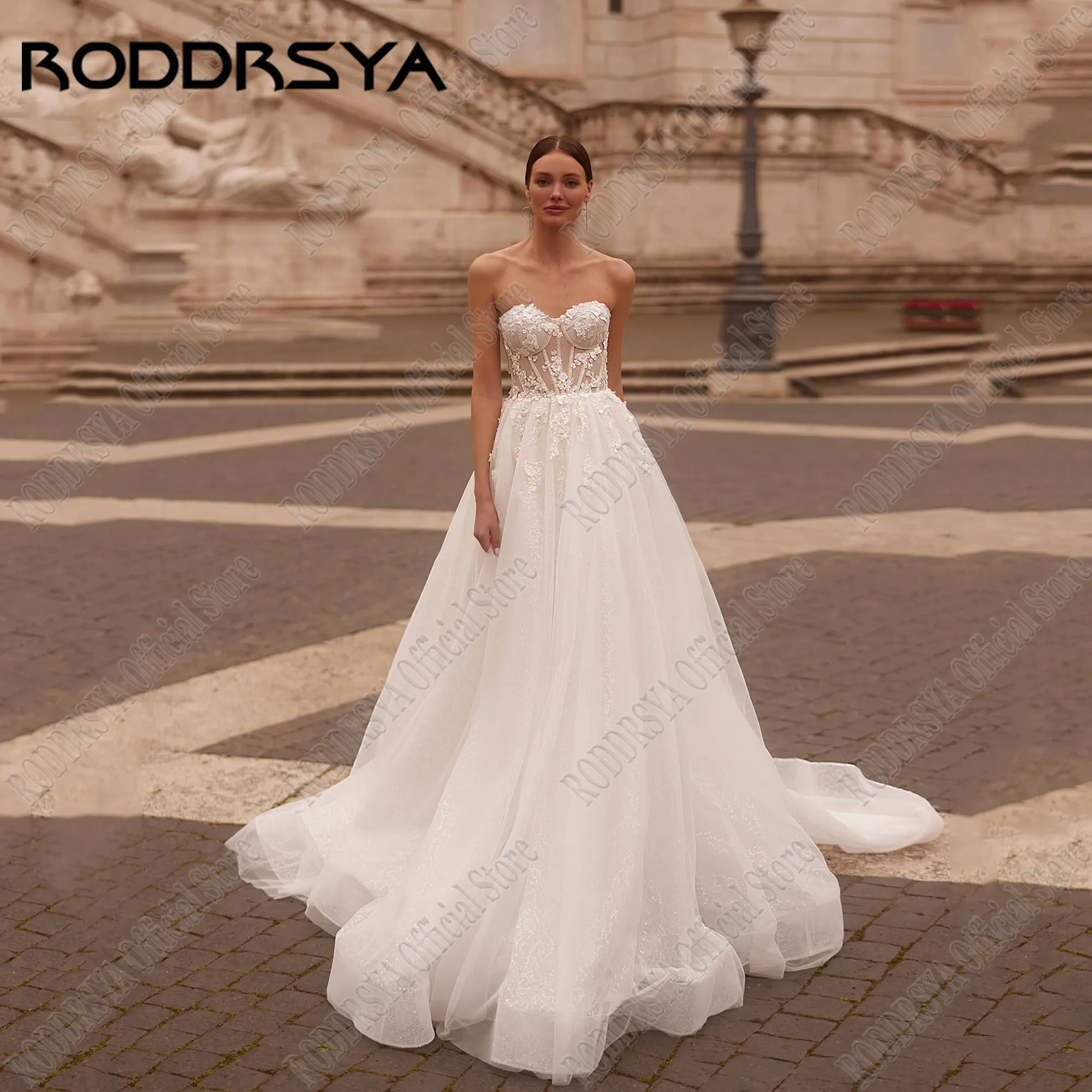 

RODDRSYA Boho Strapless Wedding Gowns Applique Sleeveless Glitter Tulle Vestidos De Novia Backless A-Line Bride Dresses 2025