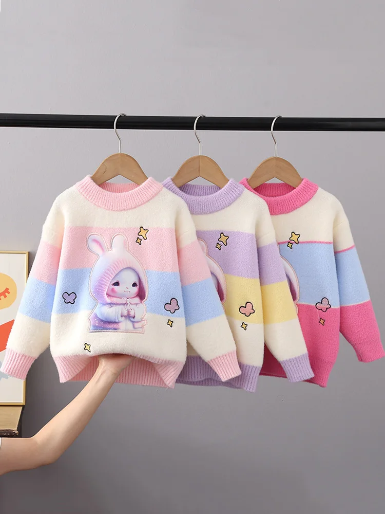 Mix Color Autumn Winter Baby Girl Sweaters Cartoon Bunny Kids Knitting Pullover Tops 2-12 Y Long Sleeve Sweater for Girl HY10301