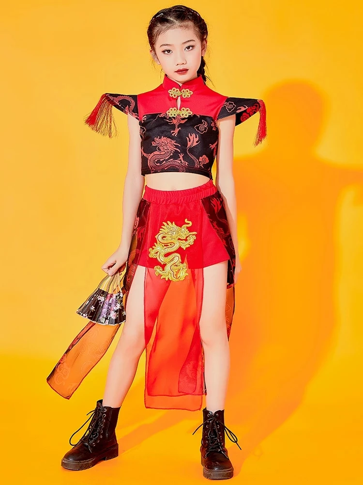 2022 neue chinesische Hip-Hop-Tanz kleidung für Mädchen rote Outfits Jazz moderne Tanz kostüme Street Dance Rave Kleidung