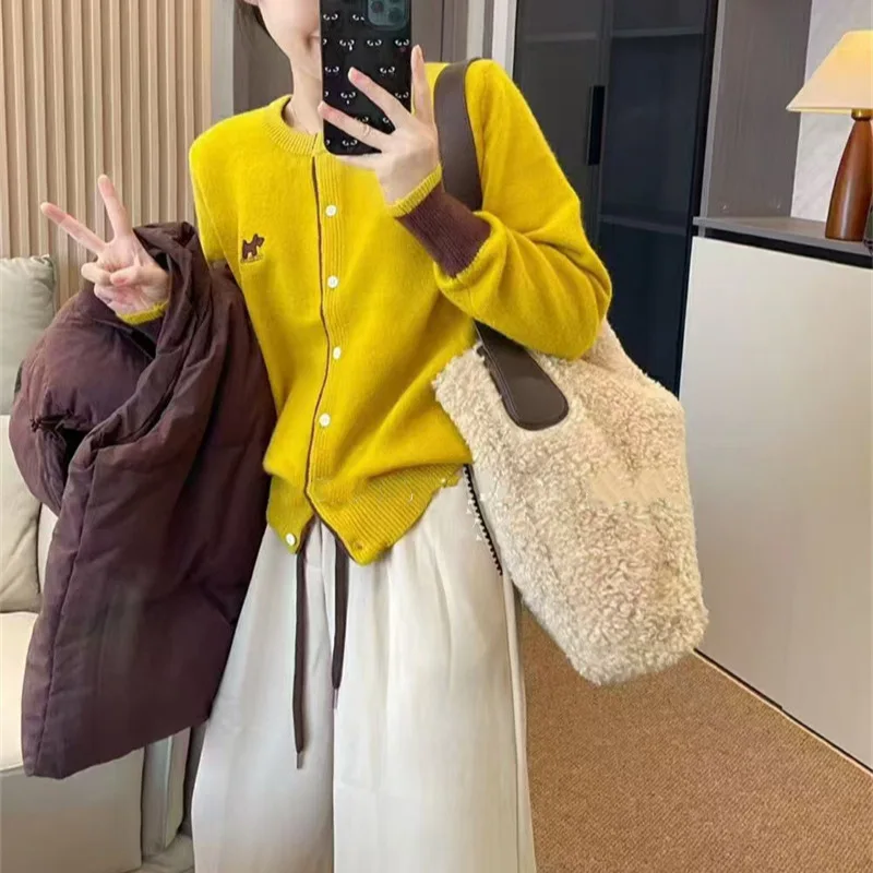 

Корейский укороченный кардиган-свитер с вышивкой в виде собаки, вязаный, универсальный, с круглым вырезом, в стиле Color Block