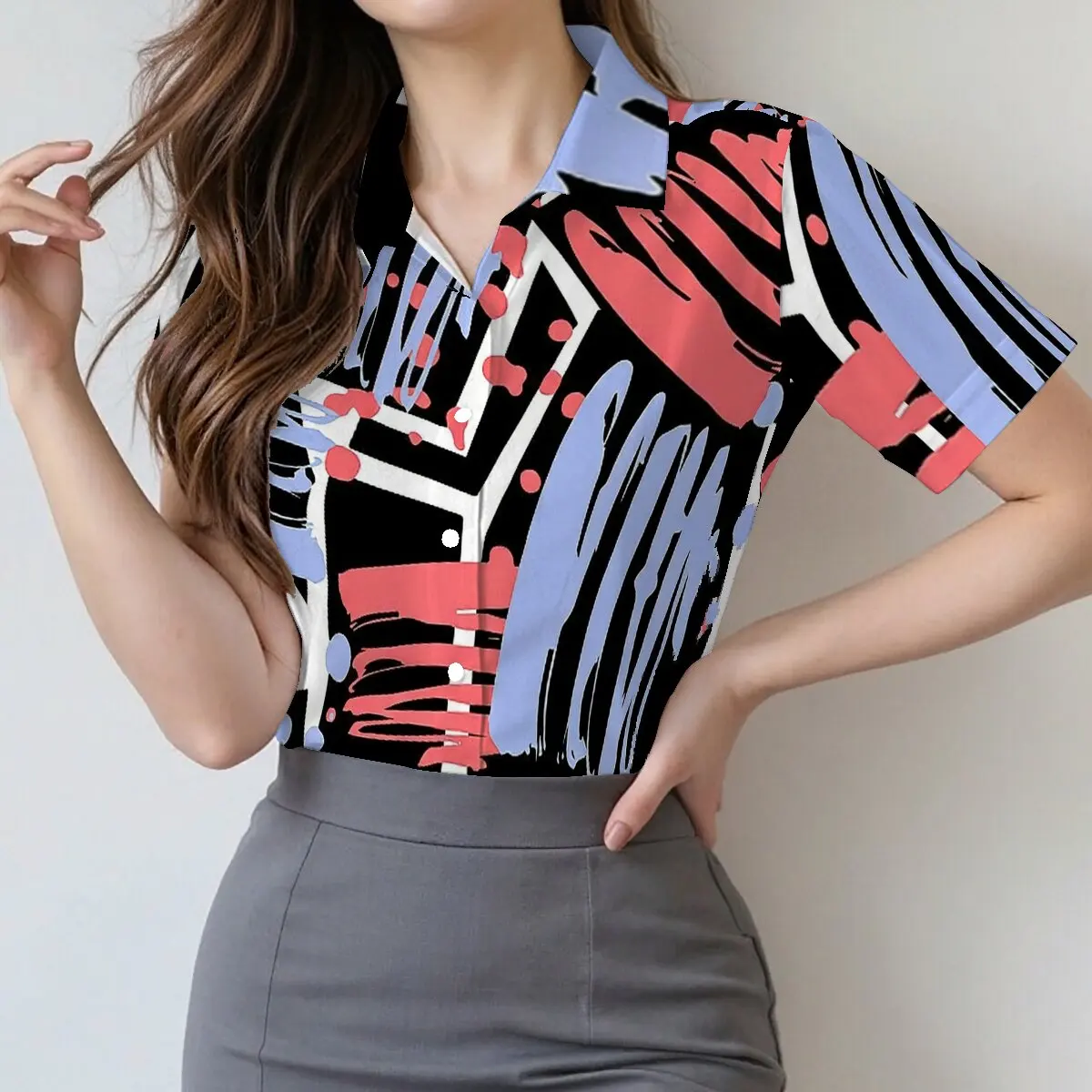 

Summer women's short-sleeve shirt with color-blocking graffiti, trendy street style, fashionable for gatherings with friends