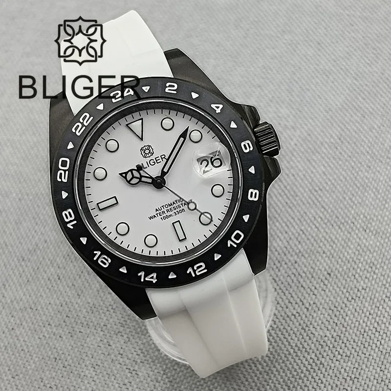 Imagem -03 - Bliger-pvd Case Revestido Preto para Homens Nh35 Relógio Automático Data Ampliada Dial Luminous Rubber Strap Parafuso Coroa Fixo Bisel 40 mm