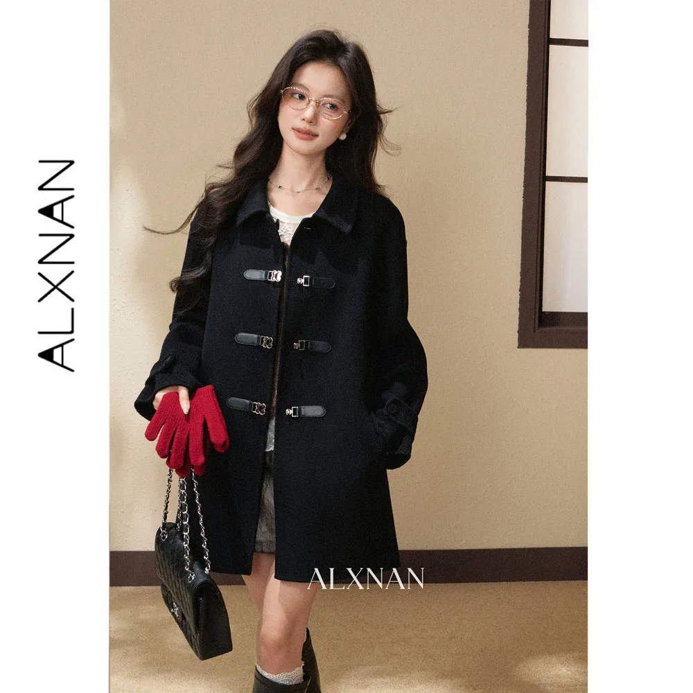 ALXNAN Women Black Mid-length Wool Coat Autumn Winter 100% Merino Wool Collared Overcoat 2026 Wram Fashion Female Outwear L68253