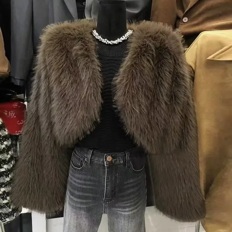Autumn Winter Short Fur Jacket Women's Plush Outerwear Casual Loose Fit V-Neck Button Closure  Color Slimming Effect