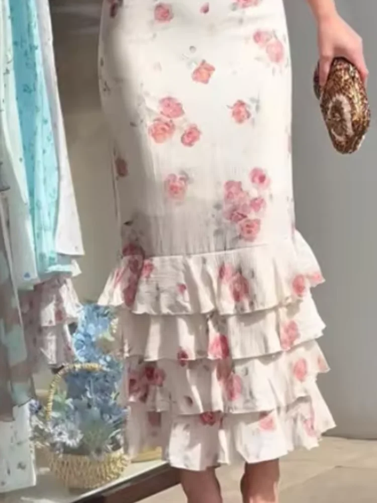 

Floral Print Ruffle Trim Bodycon Women's Maxi Dress Elegant Slim Fit Long Party Evening Gown 2026 Summer Vacation Skirt Outfits