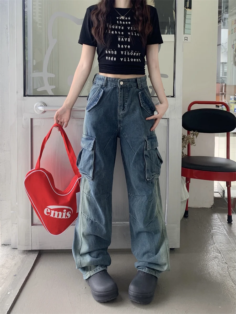 

Slergiri Heavy industry washed do old jeans women high street hip hop trousers y2k streetwear loose wide-leg cargo pants