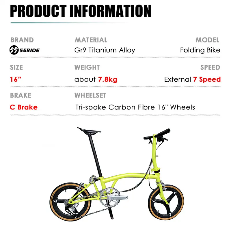 16 Inch Titanium Alloy City Trifold Folding Bike, C Line or P Line, C Brake, 7 Speed, Small Wheel Urban Commuting Bicycles