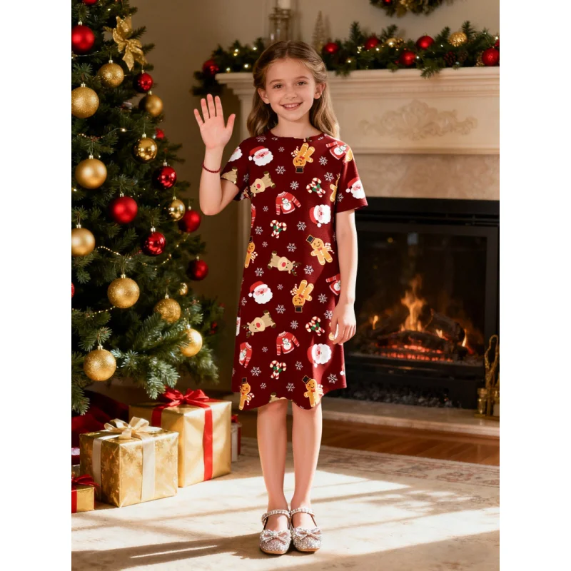 Girls Christmas Themed All-Over Printed Short-Sleeved Dress Holiday Atmosphere Children's Clothing 2026