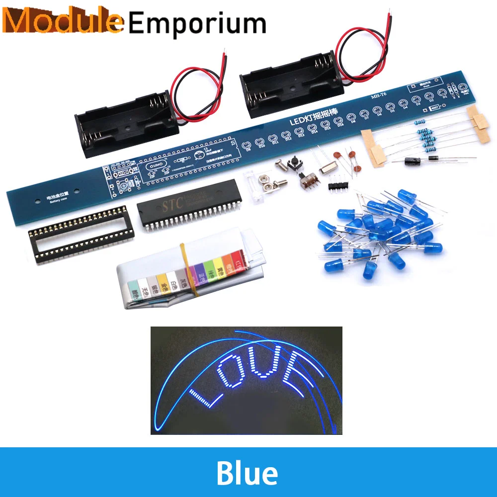 16 Bits POV LED Stick Light Rocker Diy Kit Shaking STC89C52 51 Microcontroller Electronic Solder Kits Blue/Red Display