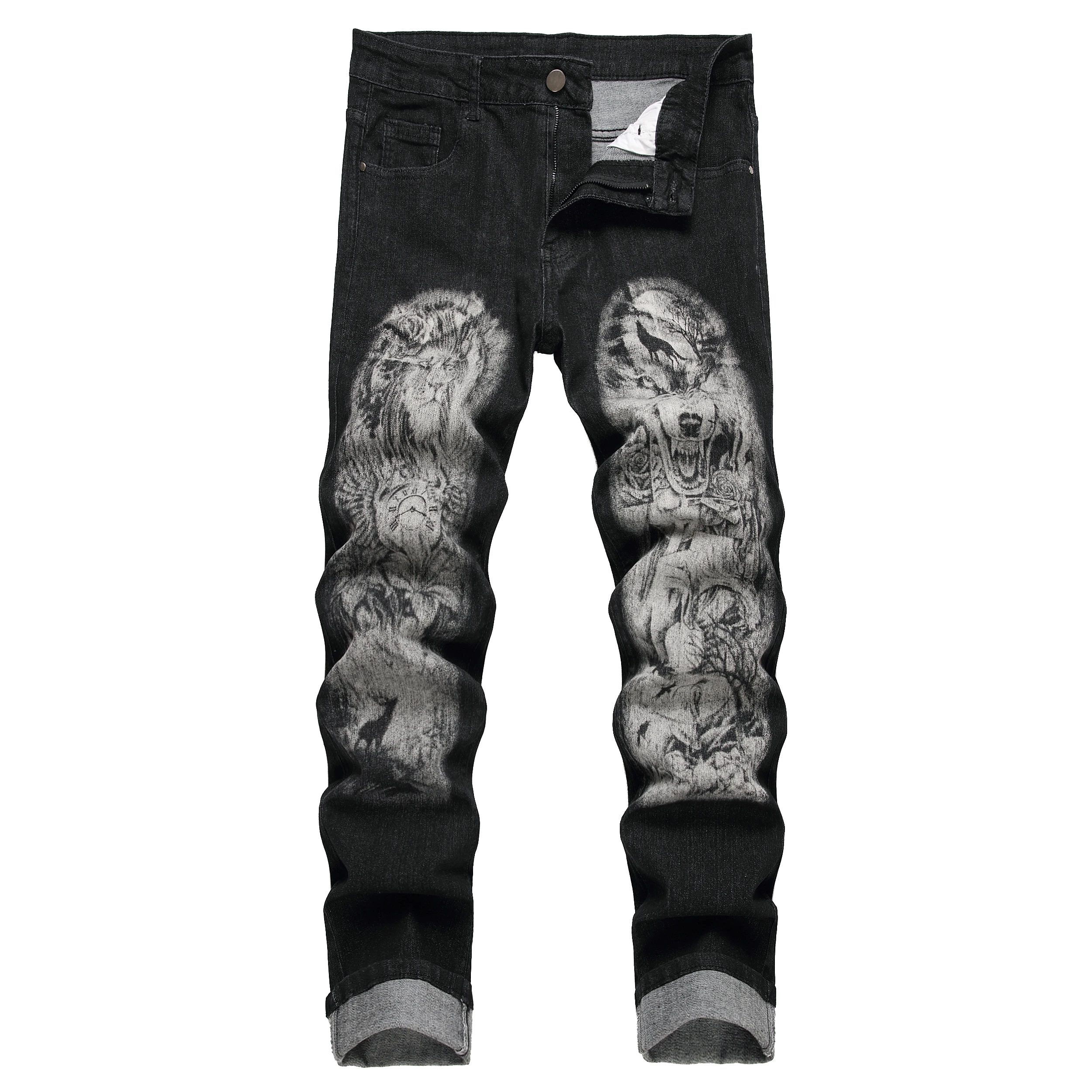 Men's black print pants; Men's print wolf head pattern jeans; Stretch blue jeans 90035