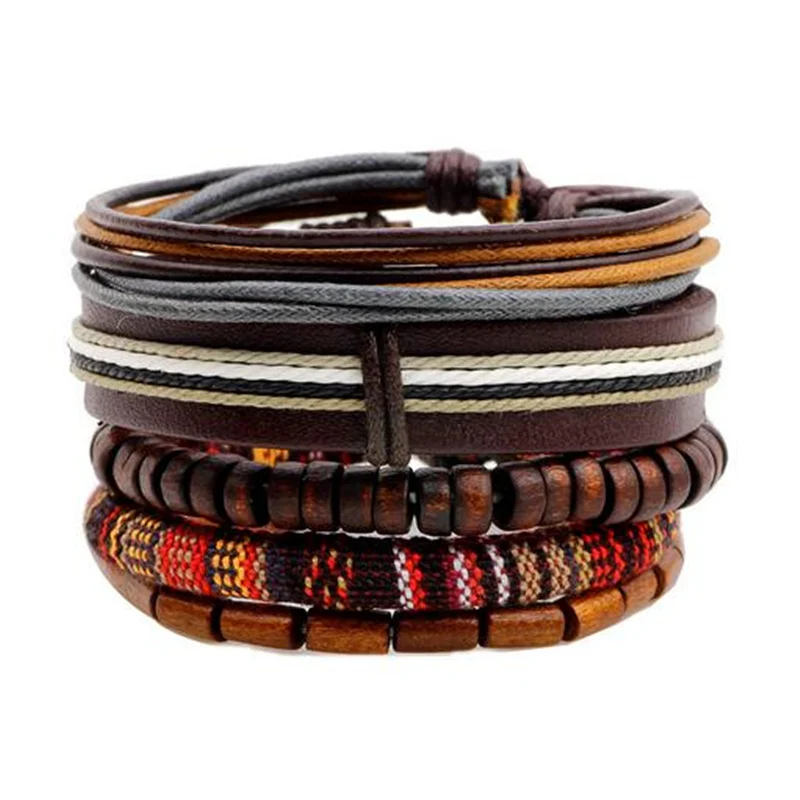 New Casual Weave Multilayer Football Words Charm Men Black Brown Leather Bracelets Female Women Homme Jewelry 4 pcs/Set