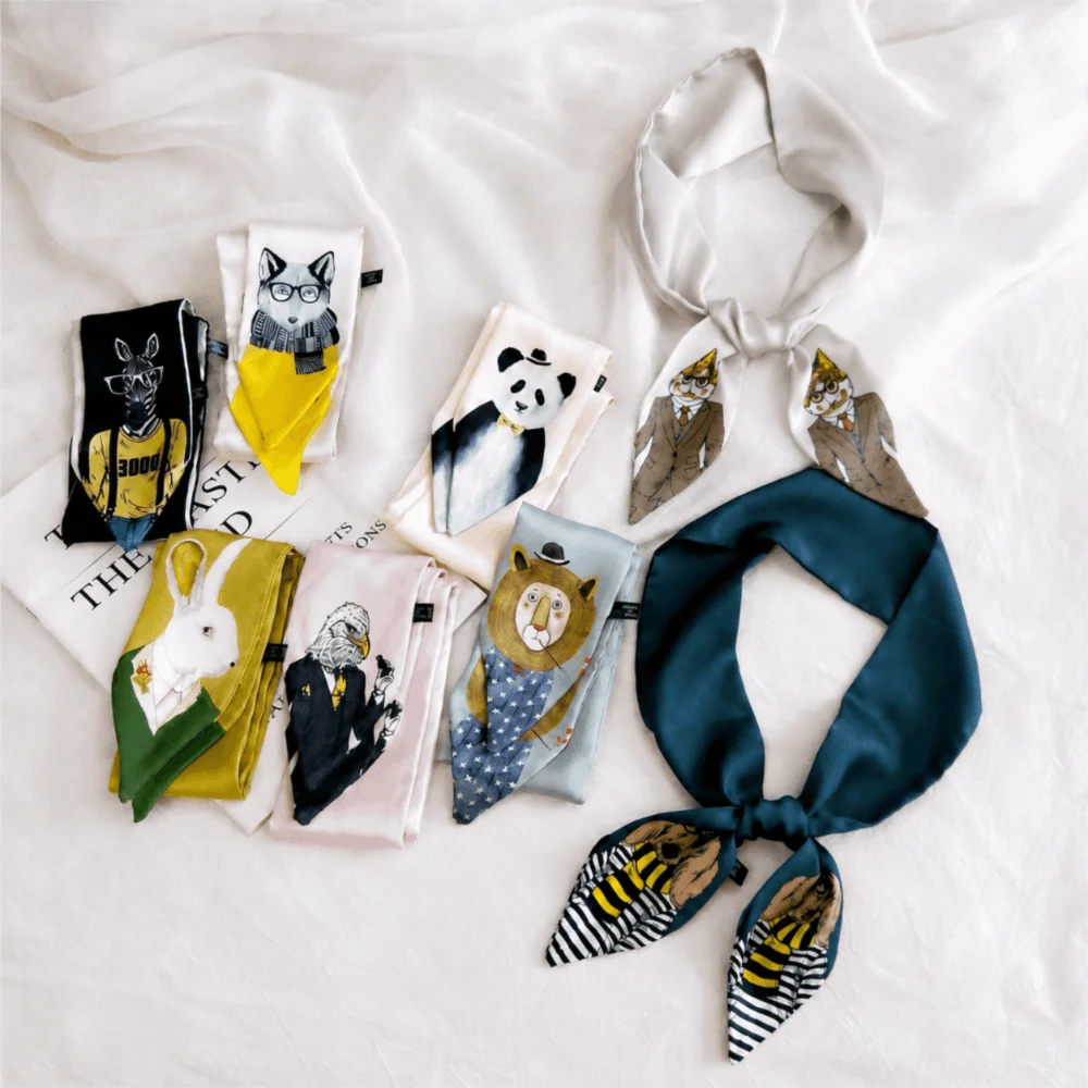 Lovely Satin Skinny Scarf Animal Printed Long Small Neckerchief Bag Strap Decorative Wrist Ribbons For Women