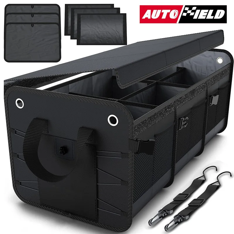 Foldable Car Trunk Organizer 90L Large Capacity Storage Box with Lid and 3 Removable Dividers, Oxford Fabric Collapsible Cargo