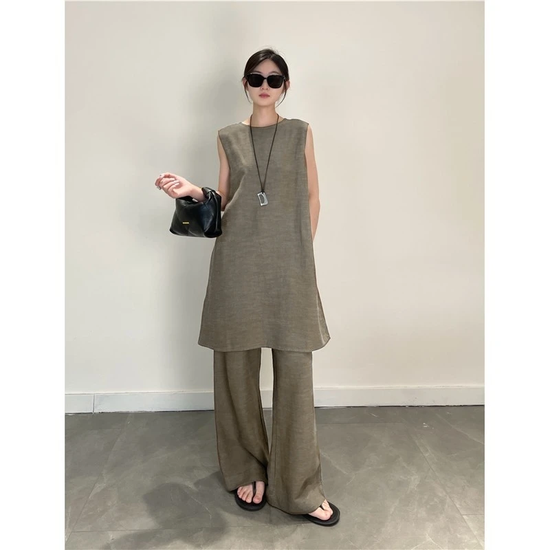 

Комплект из двух предметов: летняя юбка-жилетка из хлопка и льна в стиле ретро-лес, с круглым вырезом, свободного кроя, с широкими штанинами