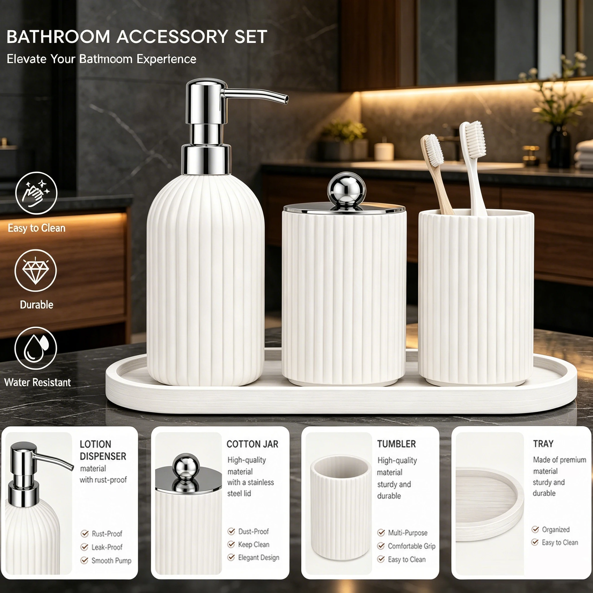 Mattes Badezimmer-Zubehör-Set, Farmhouse-Organizer mit Seifenspender, Wattestäbchen-Behälter, Zahnbürstenhalter und Ablage für Badezimmerwaschbecken – Detail 8