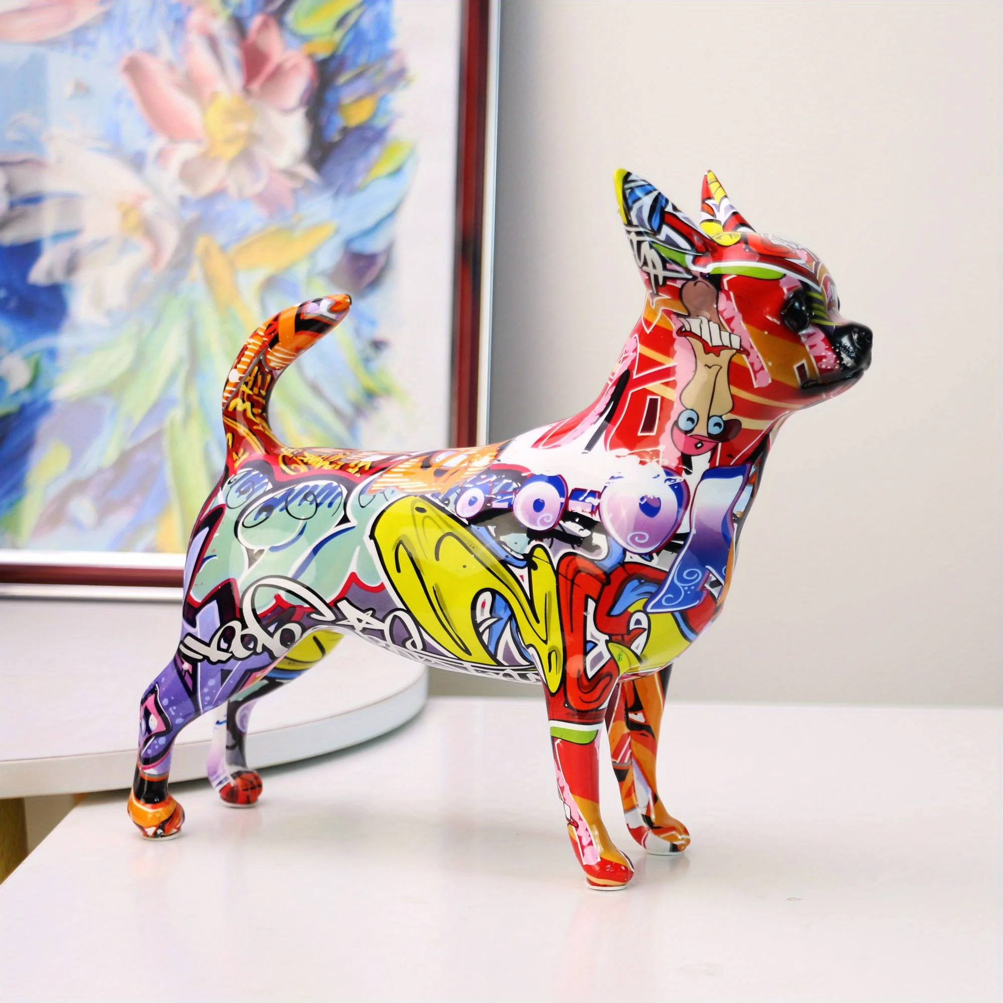 

Art Simple Creative Painted Graffiti Color Chihuahua Dog Statue Resin Kit Home Entrance Wine Cabinet Office Decor Resin Crafts