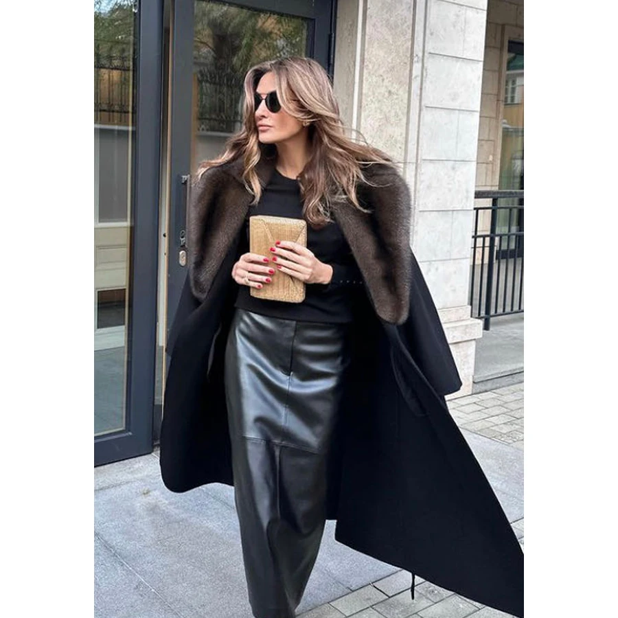 Ladies Clothing Real Wool Coat With Fox Fur Lapel Collar Winter 2024 New Cashmere Coat Long Fur Jacket