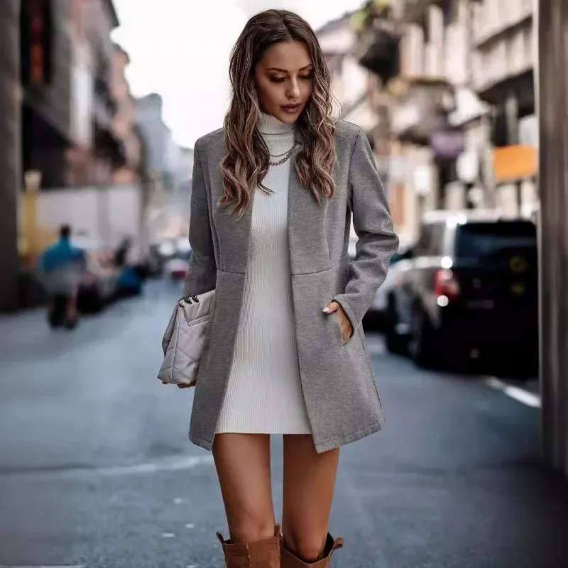 Autumn and Winter Solid Color Long Sleeve Pocket Woolen Coat for Women