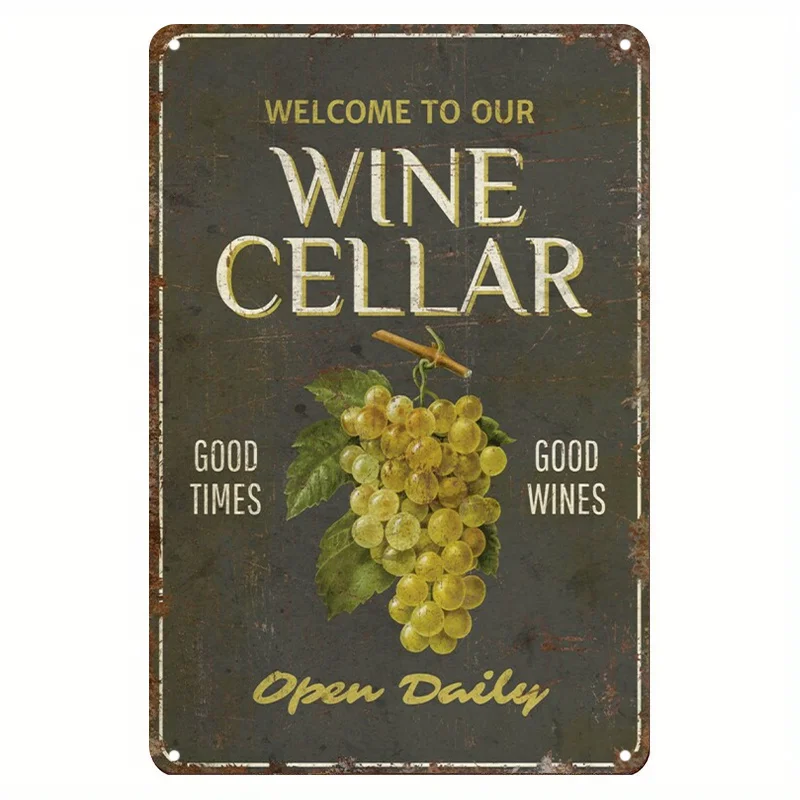 2D Flat, Single Metal Sign,  Vintage Wine Cellar Wall Art Featuring Grape BunchBar, Farmhouse Kitchen - Versatile Outdoor